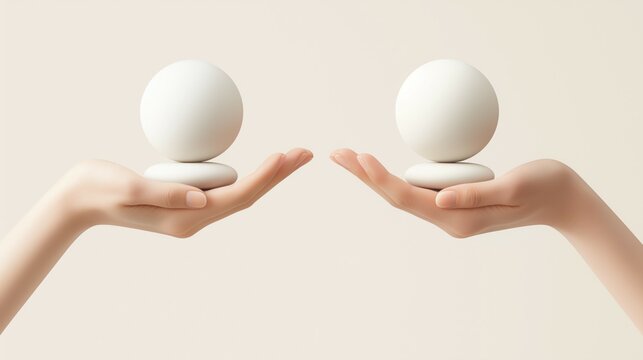 Two hands holding balanced white spheres and pebbles against a minimalist background
