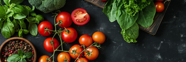 Various vegetables on aged board, flat lay. Fresh farmers market vegetable from above with copy space. Healthy food concept.