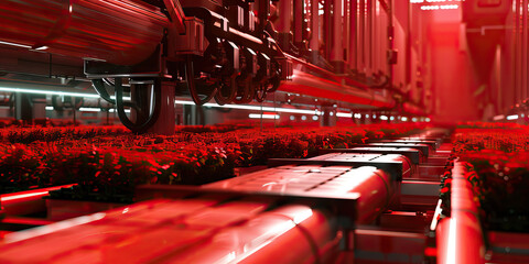 Scarlet Techno-Organic Farm: Featuring a farm where genetically modified crops are grown using advanced technology, with scarlet-colored plantations and automated farming equipment