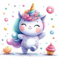 A cartoon unicorn is standing in front of a cupcake and a donut