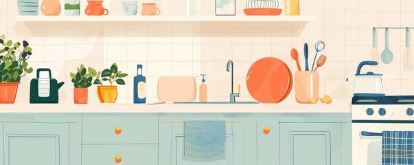 A cartoonish kitchen with a blue countertop and a variety of pots and pans. The kitchen is full of utensils and appliances, including a toaster, a knife block, and a spoon