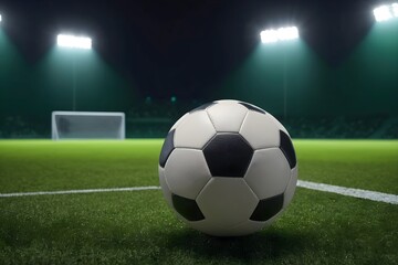 Soccer ball on an empty stadium illuminated by spotlights