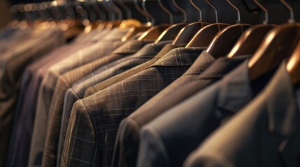 the elegance and sophistication of high-end suit stores through impeccably designed wardrobes displaying a curated selection of premium suits, shirts, and accessories.