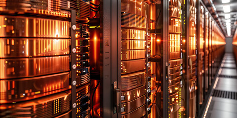 Copper Hued Data Harvesting Hub: Featuring a data center where specialists extract and evaluate precious data stored