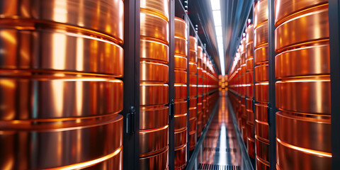 Copper Hued Data Harvesting Hub: Featuring a data center where specialists extract and evaluate precious data stored