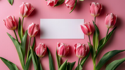 Elegant Pink Tulips with Blank Card. Pink Tulip Bouquet with Space for Text on Pink Surface. Pink tulips with a card on top on pink background. Elegant pink tulips with blank card,