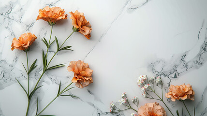 White peony flowers with green leaves on white background top view. Elegant Peony Frame With Ample Space On White Background. white peony flowers, green leaves, white background, top view,