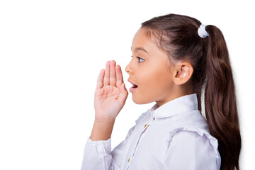 Profile side view of nice cute curious cheerful adorable lovely stylish little small girl with...