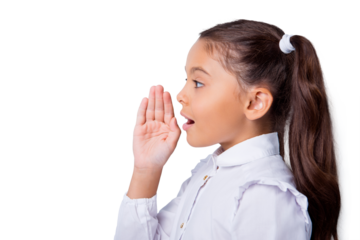 Profile side view of nice cute curious cheerful adorable lovely stylish little small girl with curly pigtails in white formal blouse shirt, announcing news Isolated over grey background