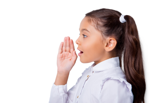 Profile side view of nice cute curious cheerful adorable lovely stylish little small girl with curly pigtails in white formal blouse shirt, announcing news Isolated over grey background
