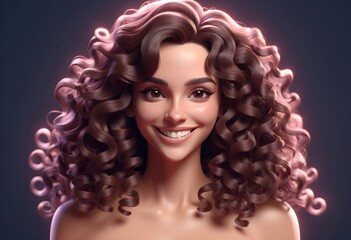 Fototapeta premium a cartoonistic 3d portrait of a smiling brunette model with long and curly hairs and glamorous makeup behind tranparent luxrious background
