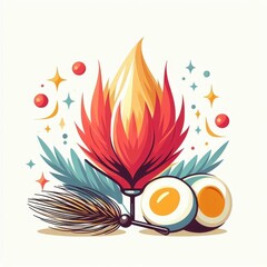 A colorful drawing of a flower with a flame on top and a couple of eggs