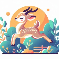 Fototapeta premium A deer is jumping over a fence in a lush green field