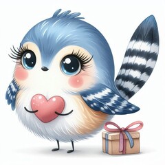 Fototapeta premium A cute blue and white bird holding a heart in its beak