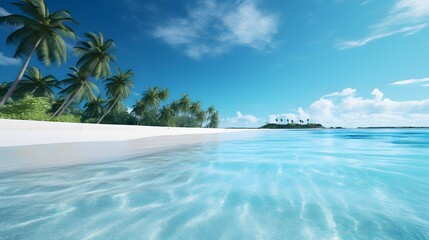 Panoramic view of a tropical island with palm trees and turquoise water