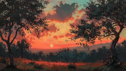 A dreamy landscape painted in oils showcases a sunset with hues of peach and strawberry, silhouetted by cherry and orange trees