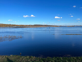 Beautiful spring landscape.
River flood. Blue sky. Reflections in the water.