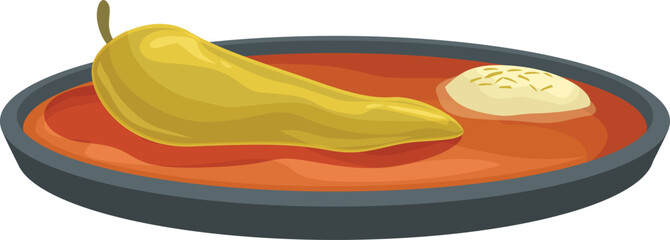 Vector graphic of a stylized yellow chilli pepper with a slice of cheese on a red salsafilled plate