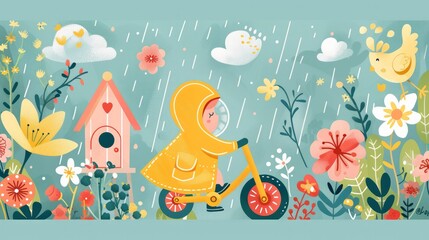 Fototapeta premium Cute spring doodle collection with a balance bike, raincoat, birdhouse, and blooming flowers on a charming backdrop.