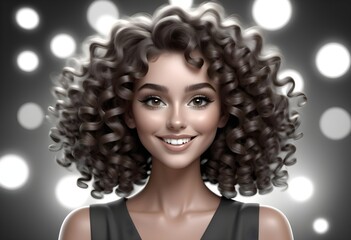 Fototapeta premium a cartoonistic 3d portrait of a smiling brunette model with long and curly hairs and glamorous makeup behind tranparent luxrious background