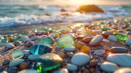 Colorful Sea Glass on Pebble Beach at Sunset