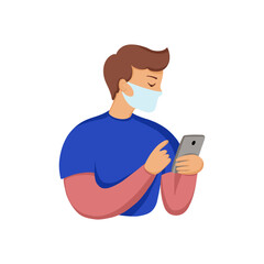 Young man in a medical mask is reading the news on the phone. Flat vector illustration on white background.