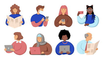 People reading news in phone, computer and newspaper. Internet newsletter and printed news concept. Flat graphic vector set isolated on white background..