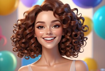 Fototapeta premium a cartoonistic 3d portrait of a smiling brunette model with long and curly hairs and glamorous makeup behind tranparent luxrious background