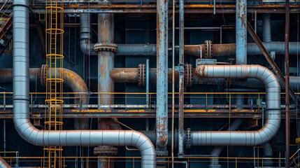 Numerous pipes running through a vast industrial facility, highlighting the complex network of infrastructure in the building