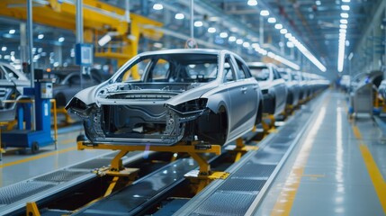 Car frames on an automotive production line in a factory, showcasing the process of car manufacturing with a focus on precision and efficiency.