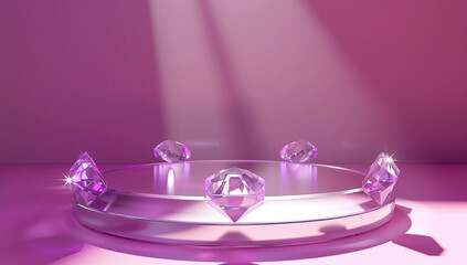 3D render of a podium with diamonds on a pink background, beauty product presentation scene, shiny and bright lights and shadows, glass material, pink gradient background, high resolution and highly d