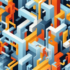 Vibrant geometric abstract background with interlocking three-dimensional shapes in shades of orange, blue, and gray.
