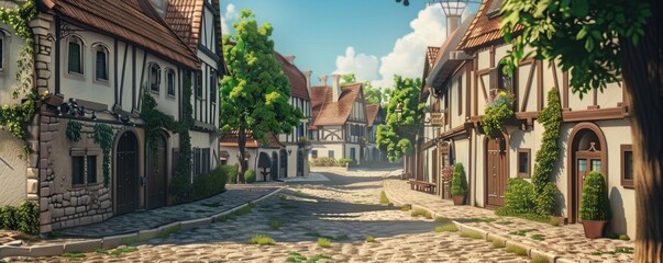Fototapeta premium A street scene with a row of houses and a church