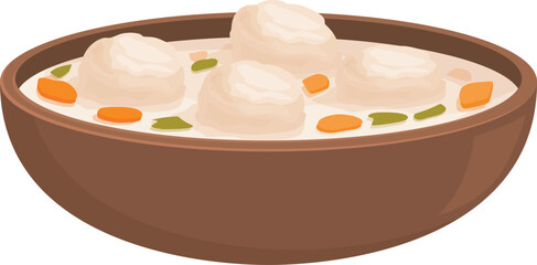 Vector illustration of a bowl of tasty dumplings with herbs and carrot slices