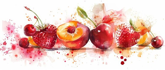 Clipart of strawberries and cherries, with soft watercolor peaches and a splash of orange, creates a joyful, fruity explosion ideal for festive decor