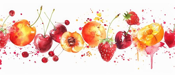 Clipart of strawberries and cherries, with soft watercolor peaches and a splash of orange, creates a joyful, fruity explosion ideal for festive decor