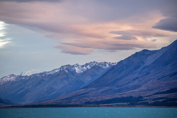 Beautiful lake landscape, mountain and reflection, scenic view, Lake Pukaki, New Zealand, South Island