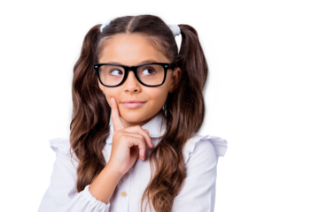 Close-up portrait of nice cute minded funny adorable lovely stylish small little girl with two curly ponytails in white formal blouse shirt, wearing glasses. Isolated over grey background