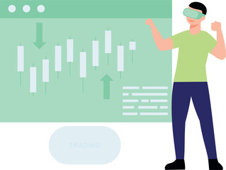 A guy wearing VR goggles looks at a trading graph.