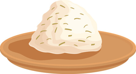 Illustration of homemade cottage cheese on a rustic clay dish, isolated on white