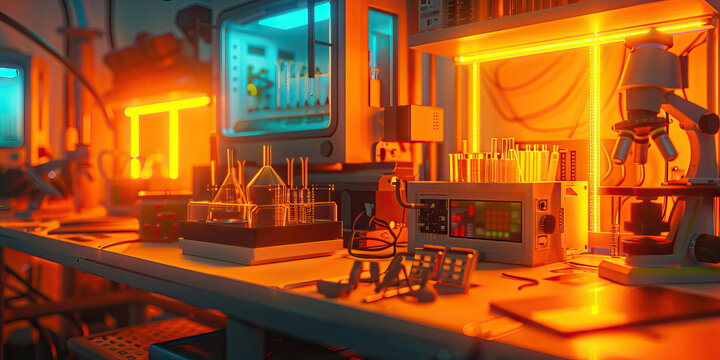 Amber Biohacking Workshop: Showing a workshop where biohackers experiment with genetic engineering and biological enhancements, with amber lighting and bioengineering equipment. 