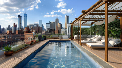 Naklejka premium Rooftop terrace with swimming pool offering panoramic views of the surrounding urban landscape, with comfortable sun loungers and cabanas for sunbathing and relaxation.