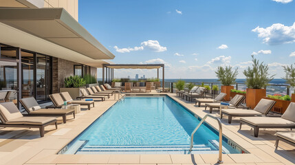 Fototapeta premium Rooftop terrace with swimming pool offering panoramic views of the surrounding urban landscape, with comfortable sun loungers and cabanas for sunbathing and relaxation.