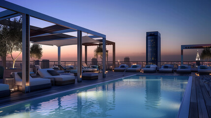 Fototapeta premium Rooftop terrace with swimming pool offering panoramic views of the surrounding urban landscape, with comfortable sun loungers and cabanas for sunbathing and relaxation.