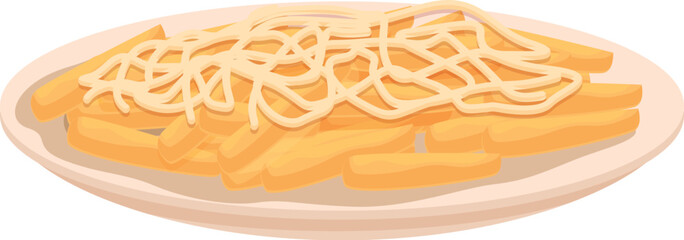 Delicious and indulgent cheesy fries vector illustration with melted yellow cheese on a plate, a popular american fast food snack and appetizer, perfect for menus and restaurant culture
