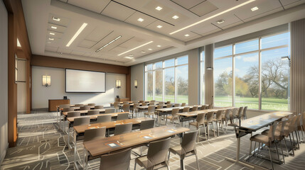 A well-kept conference room equipped with modern audiovisual technology and comfortable seats, ideal for organizing business meetings and events.