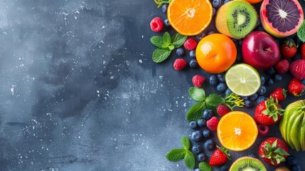 Incorporating a variety of colorful fruits into your daily diet enhances overall health, with a solid background and copy space on center for advertise