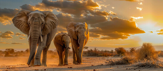 An elephant walking in the savannah during a dramatic sunset with an orange-hued sky and scattered clouds 