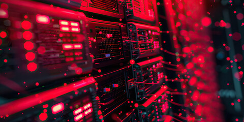 Obraz premium Crimson Digital Underground: Showing a hidden network of servers and data hubs used by hackers and cybercriminals, with crimson-red lighting and a clandestine atmosphere
