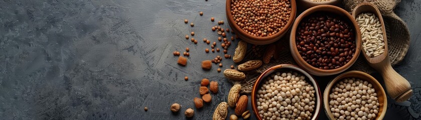 Fototapeta premium Whole grains and legumes form the foundation of a nutritious meal plan, perfect for healthconscious eaters, with a solid background and copy space on center for advertise